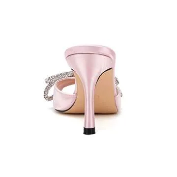 VETASTE Women's Heeled Sandals Square Open Toe Double Bow Satin Mules Heels Wedding Party Slip on Stilettos