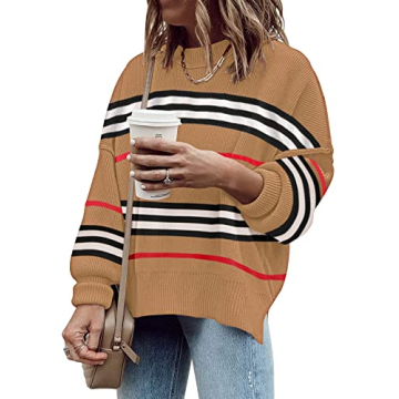 ETCYY Womens Sweaters Fall 2025 Batwing Long Sleeve Side Slit Knit Tops Crew Neck Striped Oversized Sweater Pullover Tops(L.A Color Brown)