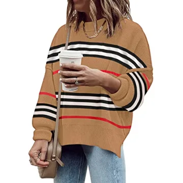 ETCYY Womens Sweaters Fall 2025 Batwing Long Sleeve Side Slit Knit Tops Crew Neck Striped Oversized Sweater Pullover Tops(L.A Color Brown)