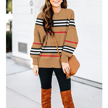 ETCYY Womens Sweaters Fall 2025 Batwing Long Sleeve Side Slit Knit Tops Crew Neck Striped Oversized Sweater Pullover Tops(L.A Color Brown)