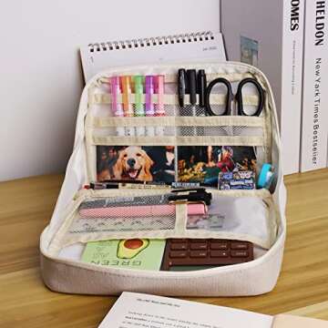 Big Capacity Pencil Case Large Capacity Canvas Pencil Pouch pencil case organizer Pen Pouch Adult Office School Teen Girl Boy (Light grey)