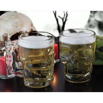 Circleware Skull Face Beer Mug Drinking Glasses with Handle, Set of 2, Heavy Base Funny Entertainment Glassware for Water, Juice and Halloween Decorations Beverage Gifts, 17.6 oz.