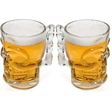 Circleware Skull Face Beer Mug Drinking Glasses with Handle, Set of 2, Heavy Base Funny Entertainment Glassware for Water, Juice and Halloween Decorations Beverage Gifts, 17.6 oz.