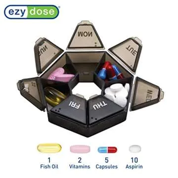 EZY DOSE Weekly Pill Organizer, Medicine Box, and Vitamin Planner, Travel Pill Planner, Portable Storage, 7-Sided, Black, BPA Free