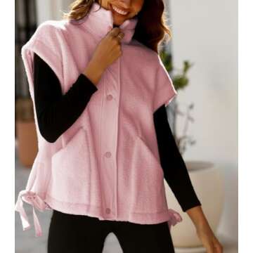 Yozazzy Women's Oversized Fleece Vest Casual Sleeveless Fuzzy Sherpa Jacket Winter Warm Button Down Outerwear with Pockets(Pink-S)