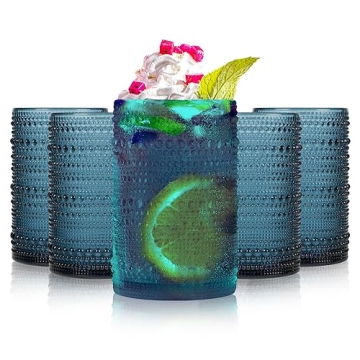 AWWAOOAWW Highball Hobnail Drinking Glasses Set of 6,14 oz Vintage Glasses Drinking set,Glassware Set for Beer, Whiskey, Juice, Cocktail, Milk，Dishwasher Safe，Gift box packaging（Dark blue）