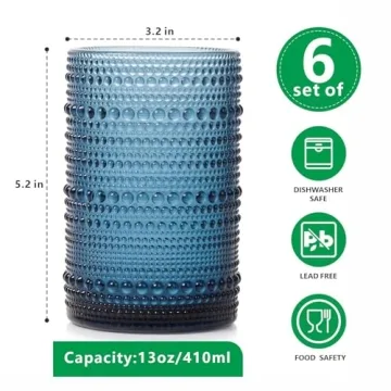 AWWAOOAWW Highball Hobnail Drinking Glasses Set of 6,14 oz Vintage Glasses Drinking set,Glassware Set for Beer, Whiskey, Juice, Cocktail, Milk，Dishwasher Safe，Gift box packaging（Dark blue）
