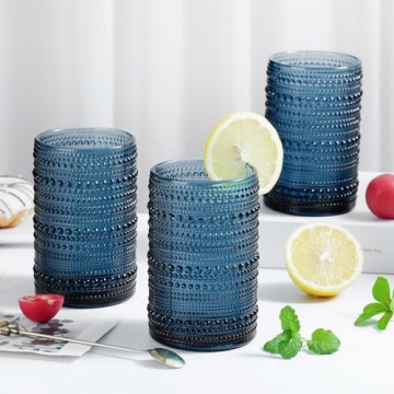 AWWAOOAWW Highball Hobnail Drinking Glasses Set of 6,14 oz Vintage Glasses Drinking set,Glassware Set for Beer, Whiskey, Juice, Cocktail, Milk，Dishwasher Safe，Gift box packaging（Dark blue）