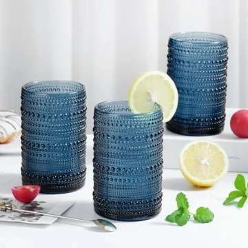 AWWAOOAWW Highball Hobnail Drinking Glasses Set of 6,14 oz Vintage Glasses Drinking set,Glassware Set for Beer, Whiskey, Juice, Cocktail, Milk，Dishwasher Safe，Gift box packaging（Dark blue）