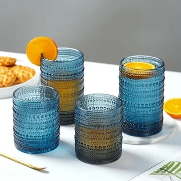 AWWAOOAWW Highball Hobnail Drinking Glasses Set of 6,14 oz Vintage Glasses Drinking set,Glassware Set for Beer, Whiskey, Juice, Cocktail, Milk，Dishwasher Safe，Gift box packaging（Dark blue）