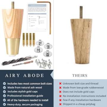 Ash Wood Furniture Legs With Gold Caps - Mid Century Feet For Sofa, Chair, Table, Dresser, Bed, Cabinet, Ottoman - Wood Leg Risers, Easy Install & Includes Installation Hardware - Set of 4, 4 Inches