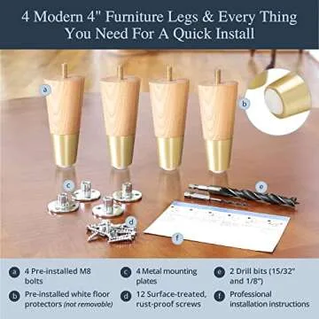 Ash Wood Furniture Legs With Gold Caps - Mid Century Feet For Sofa, Chair, Table, Dresser, Bed, Cabinet, Ottoman - Wood Leg Risers, Easy Install & Includes Installation Hardware - Set of 4, 4 Inches