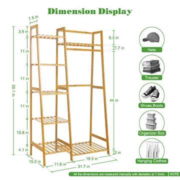 COOGOU Wood Clothes Rack Garment Racks for Hanging Bamboo Clothing Rack with Shelves Corner Narrow Hanging Clothes Racks for Kids Clothes Organizer Small Space,Free Standing (Ladder Design)