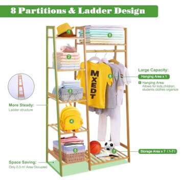 COOGOU Wood Clothes Rack Garment Racks for Hanging Bamboo Clothing Rack with Shelves Corner Narrow Hanging Clothes Racks for Kids Clothes Organizer Small Space,Free Standing (Ladder Design)