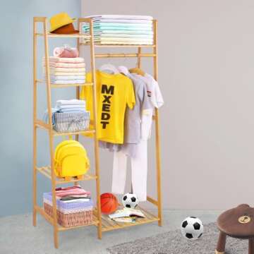 COOGOU Wood Clothes Rack Garment Racks for Hanging Bamboo Clothing Rack with Shelves Corner Narrow Hanging Clothes Racks for Kids Clothes Organizer Small Space,Free Standing (Ladder Design)