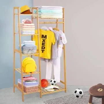 COOGOU Wood Clothes Rack Garment Racks for Hanging Bamboo Clothing Rack with Shelves Corner Narrow Hanging Clothes Racks for Kids Clothes Organizer Small Space,Free Standing (Ladder Design)