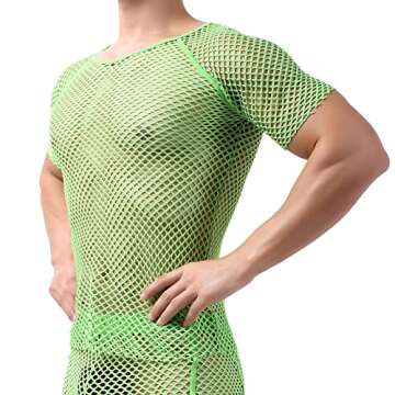 YOOBNG Sexy Men's T-Shirt Mesh Fishnet Undershirt Hollow Out Tank Top Green L