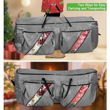 KIMBORA Christmas Tree Storage Bag Fits 7.5 FT Disassembled Xmas Tree Bag, Two Large Clear Pockets Christmas Tree Storage Box Container for Ornaments, Waterproof Tree Tote with Sturdy Handles (Grey)