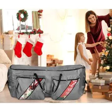KIMBORA Christmas Tree Storage Bag Fits 7.5 FT Disassembled Xmas Tree Bag, Two Large Clear Pockets Christmas Tree Storage Box Container for Ornaments, Waterproof Tree Tote with Sturdy Handles (Grey)