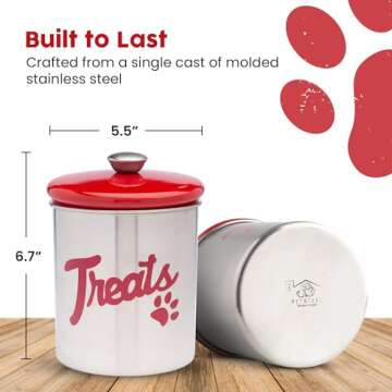 Stainless Steel Dog Treat Jar with Airtight Lids – Holds Up to 2 lbs – Pet Food Storage Bin for Dog & Cat Treats – Decorative & Durable Canister