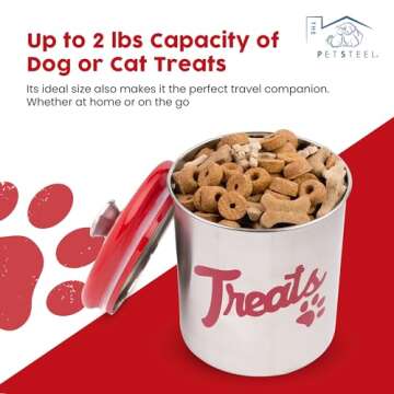 Stainless Steel Dog Treat Jar with Airtight Lids – Holds Up to 2 lbs – Pet Food Storage Bin for Dog & Cat Treats – Decorative & Durable Canister
