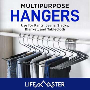 Lifemaster Metal Pants Hanger Set - 30 Pieces Elegant Non-Slip Closet Space Saving Hanger Set for Pants, Trouser, Blankets, and Jeans with Rubber Coating and Open Ended Sleek Design - Black