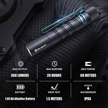 OLIGHT I5T EOS 300 Lumens Slim EDC Flashlight Dual-Output for Camping and Hiking, Tail Switch Flashlight with Beam Distance 196ft, Powered by Single AA Battery, Black