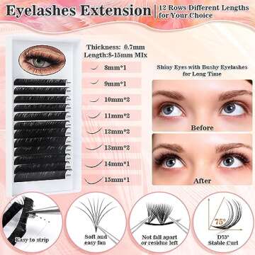 Lezmarket Eyelash Extension Kit with Lash Clusters, Lashes Fan, Glue, Remover, Brush, Clean Bottle for Lash Extension Supplies, Practice Lash Tool Kit for Eyelash Extensions Beginners