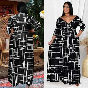 Runwind Plus Size Dress for Women - 3/4 Sleeve V Neck Printing Maxi Dresses for Women Black 6XL