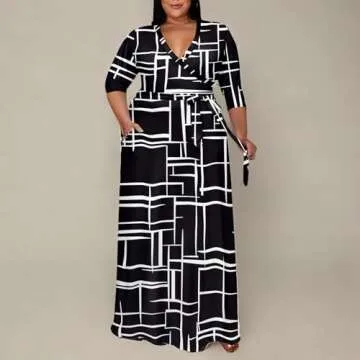 Runwind Plus Size Dress for Women - 3/4 Sleeve V Neck Printing Maxi Dresses for Women Black 6XL