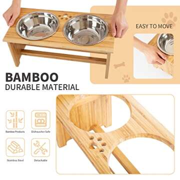 FOREYY Raised Pet Bowls for Small and Medium Dogs, Bamboo Elevated Dog Cat Food and Water Bowls Stand Feeder with 2 Stainless Steel Bowls and Anti Slip Feet (New 7'' Tall)