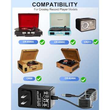 9V 2A Adapter Charger Replacement for Crosley Record Player Power Cord Compatible with Crosley Cruis...