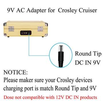 9V 2A Adapter Charger Replacement for Crosley Record Player Power Cord Compatible with Crosley Cruiser Portable Turntable Record Player CR8005A CR221CR8005C I II III Series UL Listed