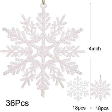DearHouse 36Pcs Christmas Glitter Snowflake Ornaments Clearance, 4 Inch Plastic Snowflake Christmas Tree Ornaments White Decorations for Winter Wonderland Christmas Party