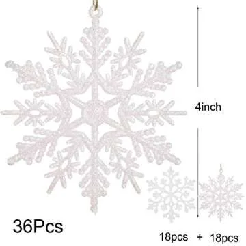 DearHouse 36Pcs Christmas Glitter Snowflake Ornaments Clearance, 4 Inch Plastic Snowflake Christmas Tree Ornaments White Decorations for Winter Wonderland Christmas Party