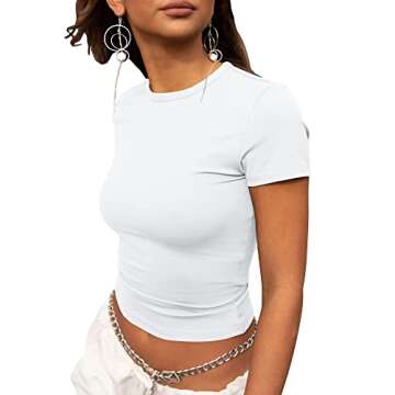 PRIMODA Women's Short Sleeve Slim Fitted Tee Shirt Top Basic Casual Crew Neck Workout Crop Top (White S)