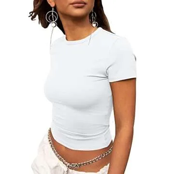 PRIMODA Women's Short Sleeve Slim Fitted Tee Shirt Top Basic Casual Crew Neck Workout Crop Top (White S)