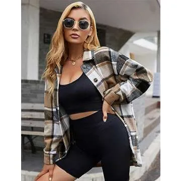 Yeokou Women's Color Block Plaid Flannel Shacket Jacket