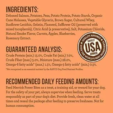 Merrick Power Bites Natural Soft And Chewy Real Meat Dog Treats, Grain Free Snack With Real Salmon Recipe - 6 oz. Bag