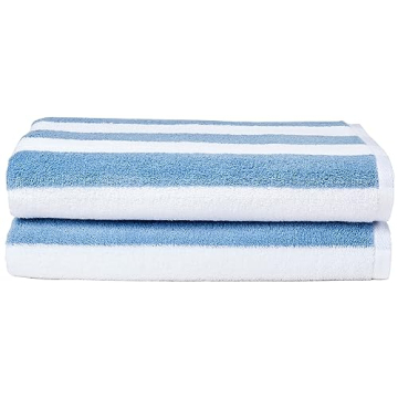 Amazon Basics Sky Blue Cabana Stripe Pool & Beach Towel - Soft, Absorbent, 100% Cotton, 2 Pack, 30" ...