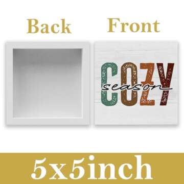 Rustic Cozy Season Wood Box Sign, Farmhouse Retro Fall Artwork Decor, Autumn Harvest Thanksgiving Wooden Square Sign Desk Block Signs Home Shelf Office Decoration 5 x 5 Inches