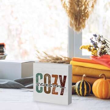 Rustic Cozy Season Wood Box Sign, Farmhouse Retro Fall Artwork Decor, Autumn Harvest Thanksgiving Wooden Square Sign Desk Block Signs Home Shelf Office Decoration 5 x 5 Inches