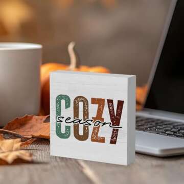 Rustic Cozy Season Wood Box Sign, Farmhouse Retro Fall Artwork Decor, Autumn Harvest Thanksgiving Wooden Square Sign Desk Block Signs Home Shelf Office Decoration 5 x 5 Inches