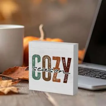 Rustic Cozy Season Wood Box Sign, Farmhouse Retro Fall Artwork Decor, Autumn Harvest Thanksgiving Wooden Square Sign Desk Block Signs Home Shelf Office Decoration 5 x 5 Inches