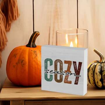 Rustic Cozy Season Wood Box Sign, Farmhouse Retro Fall Artwork Decor, Autumn Harvest Thanksgiving Wooden Square Sign Desk Block Signs Home Shelf Office Decoration 5 x 5 Inches