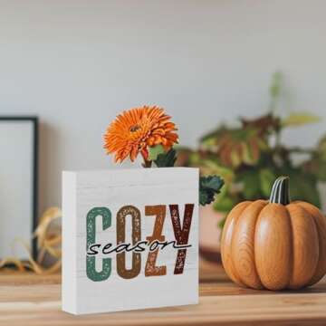 Rustic Cozy Season Wood Box Sign, Farmhouse Retro Fall Artwork Decor, Autumn Harvest Thanksgiving Wooden Square Sign Desk Block Signs Home Shelf Office Decoration 5 x 5 Inches