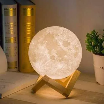 Mydethun 3D Moon Lamp with Wooden Base & Touch Control