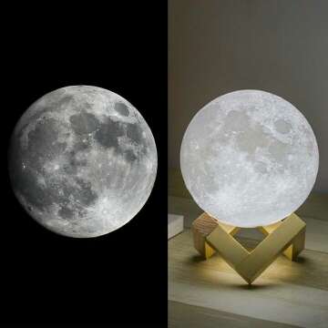 Mydethun 3D Moon Lamp with Wooden Base & Touch Control
