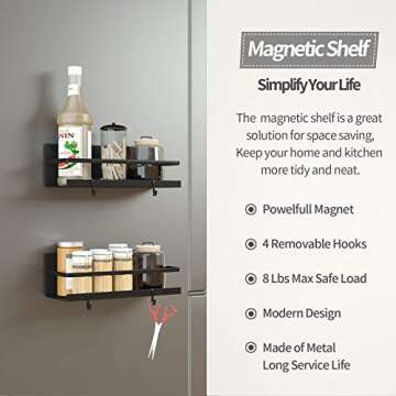 FYCBJVW 2 Pack Magnetic shelf with 4 hooks,magnetic spice rack for refrigerator,Storage Organizer For Fridge,Spice Shelf for Kitchen (Black, 2 Pack With Hooks)