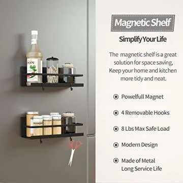 FYCBJVW 2 Pack Magnetic shelf with 4 hooks,magnetic spice rack for refrigerator,Storage Organizer For Fridge,Spice Shelf for Kitchen (Black, 2 Pack With Hooks)